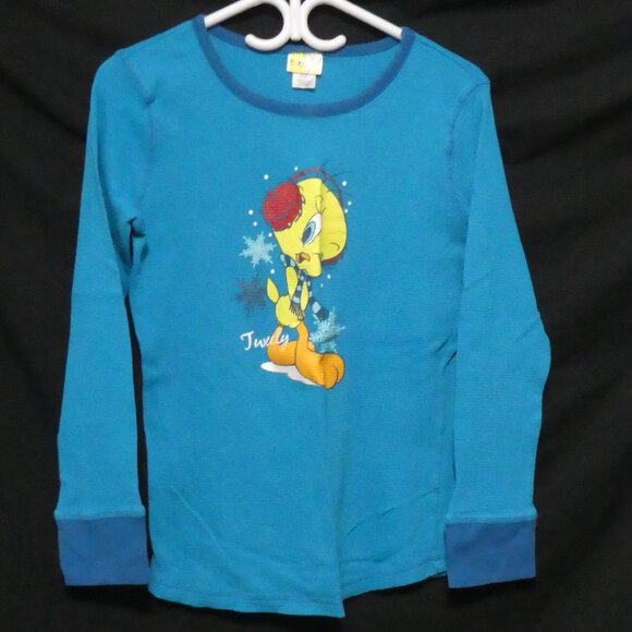 TWEETY! | large | Blue Waffle Knit Long Sleeve Pajama Shirt | Tweety Print Front - Picture 2 of 16